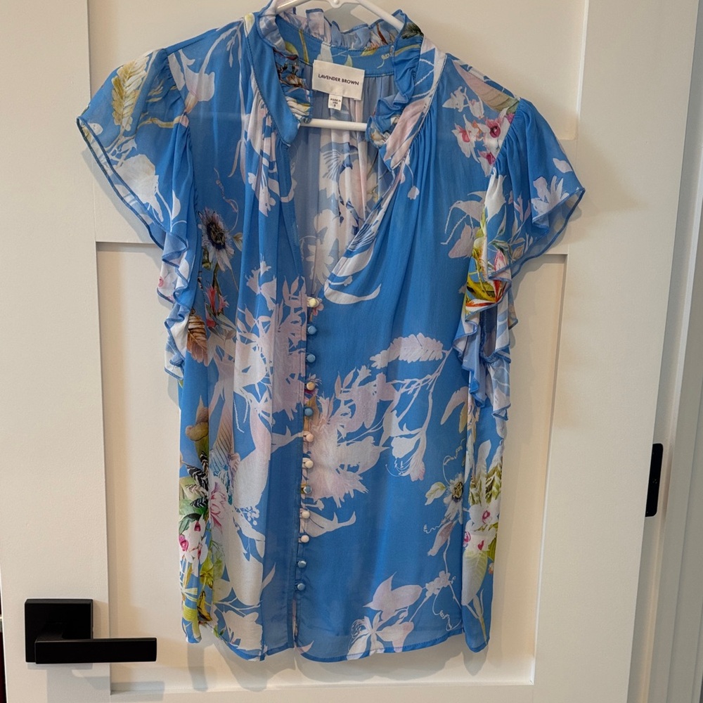Lavender Brown Blue Floral Top with Ruffles
